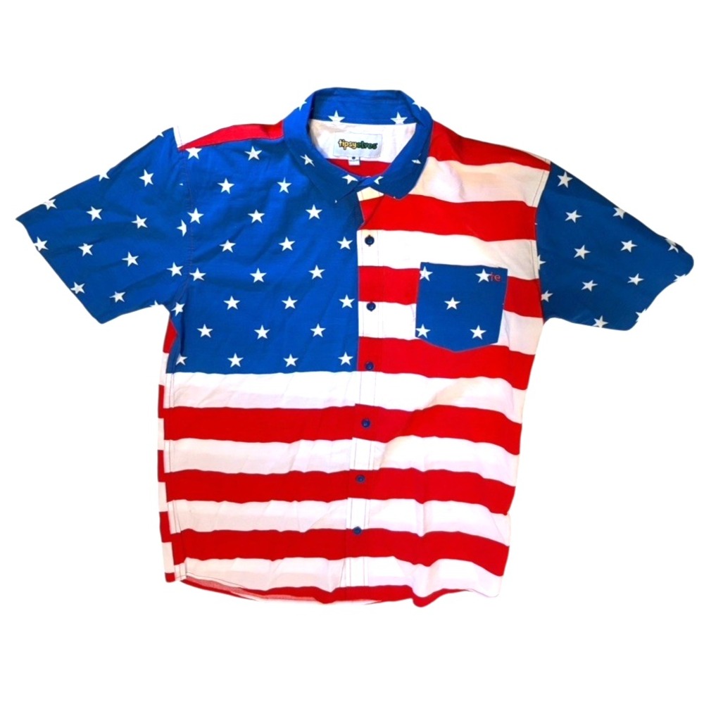 TIPSY ELVES Shirt Men's Large Short Sleeve Casual Patriotic Old‎ Glory Pocket
